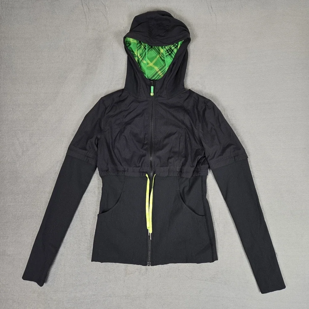 Lululemon Start It Up Reversible Hoodie Womens 8 Green Plaid Black Full-Zip RARE